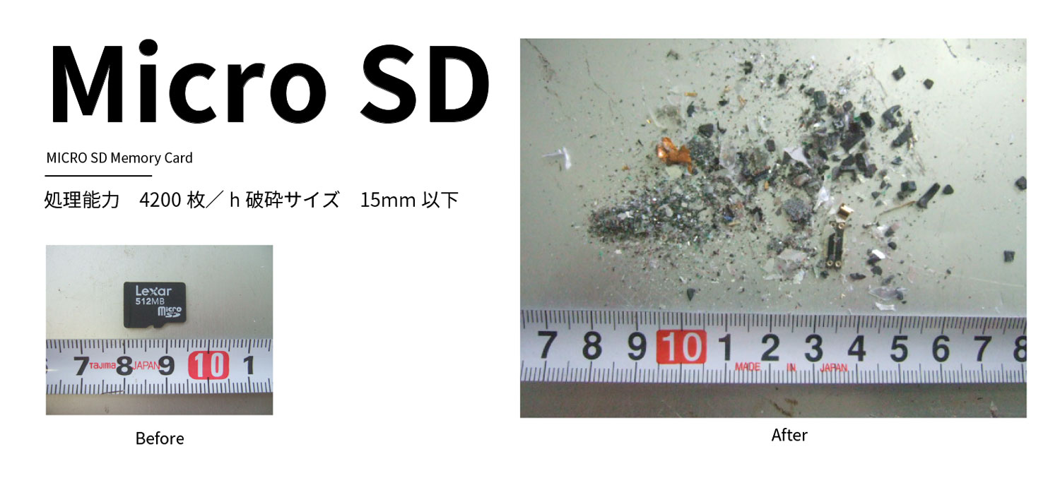 MicroSD：処理能力　4200枚／h 破砕サイズ　15mm以下